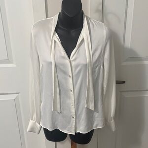 RW&CO. White Button-Up Blouse with Tie Neck